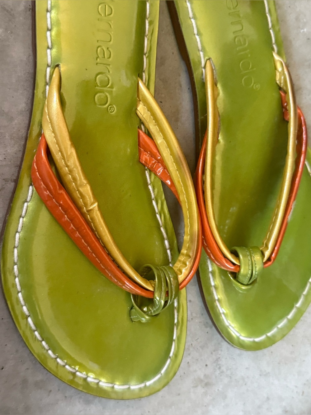 Bernardo Green Flip Flops with Orange & Gold Straps - Picture 2 of 9